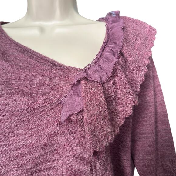 Knitted & Knotted Wool Ruffle Detail 3/4 Sleeve Sweater Top, Size S, Purple - Picture 5 of 13